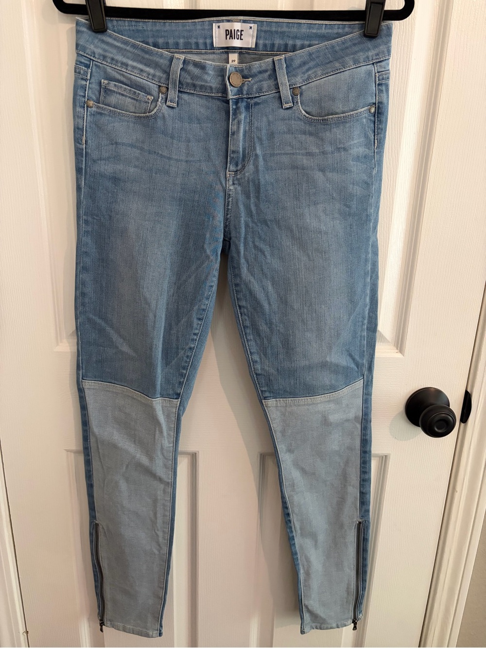PAIGE Two-Tone Light Blue Patchwork Skinny Jeans - Size 29